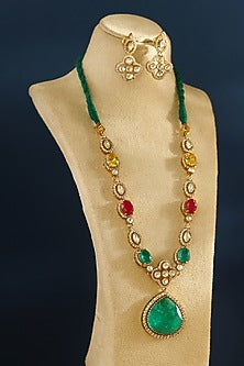 Gold Finish Emerald & Ruby Temple Necklace Set In Sterling Silver