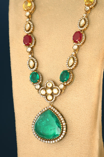 Gold Finish Emerald & Ruby Temple Necklace Set In Sterling Silver