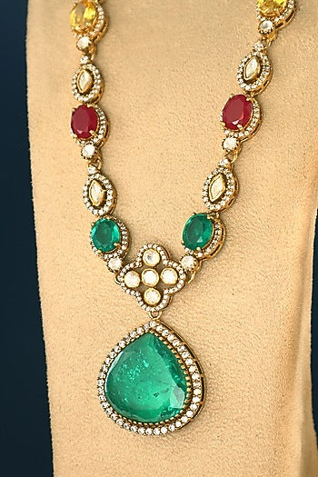 Gold Finish Emerald & Ruby Temple Necklace Set In Sterling Silver