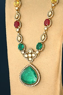 Gold Finish Emerald & Ruby Temple Necklace Set In Sterling Silver
