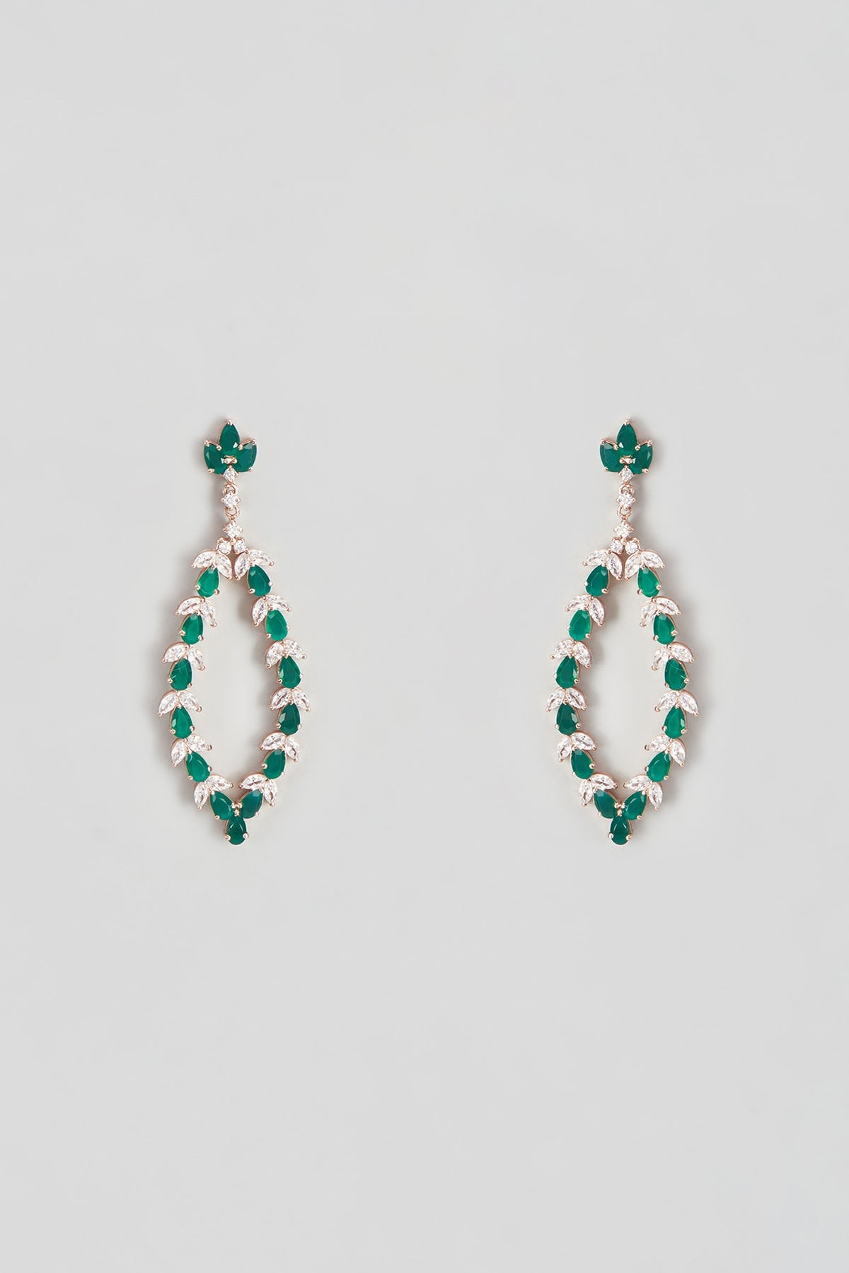 Rose Gold Plated Cubic Zircons & Emerald Dangler Earrings In Sterling Silver