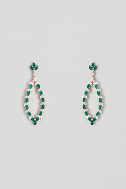 Rose Gold Plated Cubic Zircons & Emerald Dangler Earrings In Sterling Silver