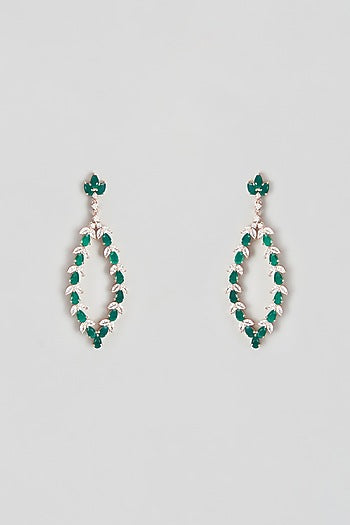 Rose Gold Plated Cubic Zircons & Emerald Dangler Earrings In Sterling Silver