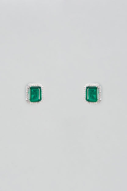 White Plated Cubic Zircons & Emerald Stud Earrings In Sterling Silver