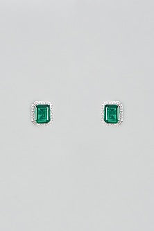 White Plated Cubic Zircons & Emerald Stud Earrings In Sterling Silver
