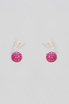 White Plated Cubic Zircons & Ruby Drop Butterfly Dangler Earrings In Sterling Silver
