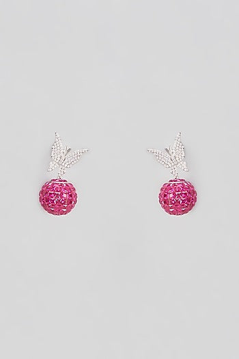 White Plated Cubic Zircons & Ruby Drop Butterfly Dangler Earrings In Sterling Silver