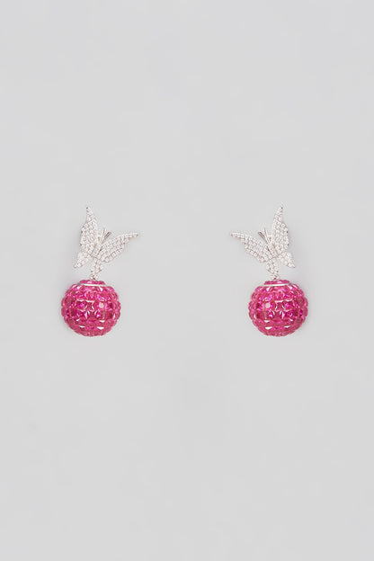 White Plated Cubic Zircons & Ruby Drop Butterfly Dangler Earrings In Sterling Silver