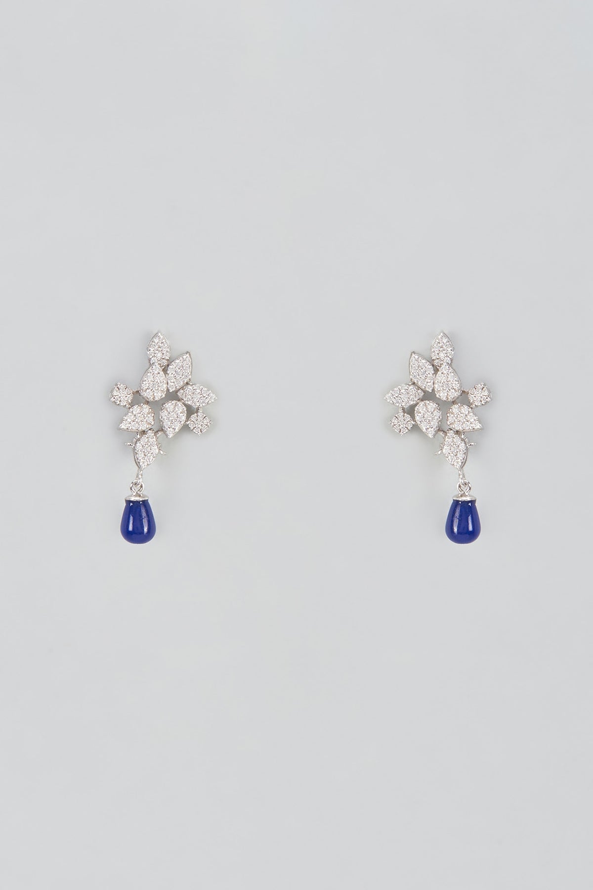 White Plated Cubic Zircon & Blue Droplets Dangler Earrings In Sterling Silver