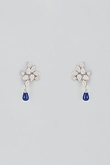 White Plated Cubic Zircon & Blue Droplets Dangler Earrings In Sterling Silver