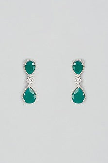 White Plated Cubic Zircon & Emerald Droplets Dangler Earrings In Sterling Silver