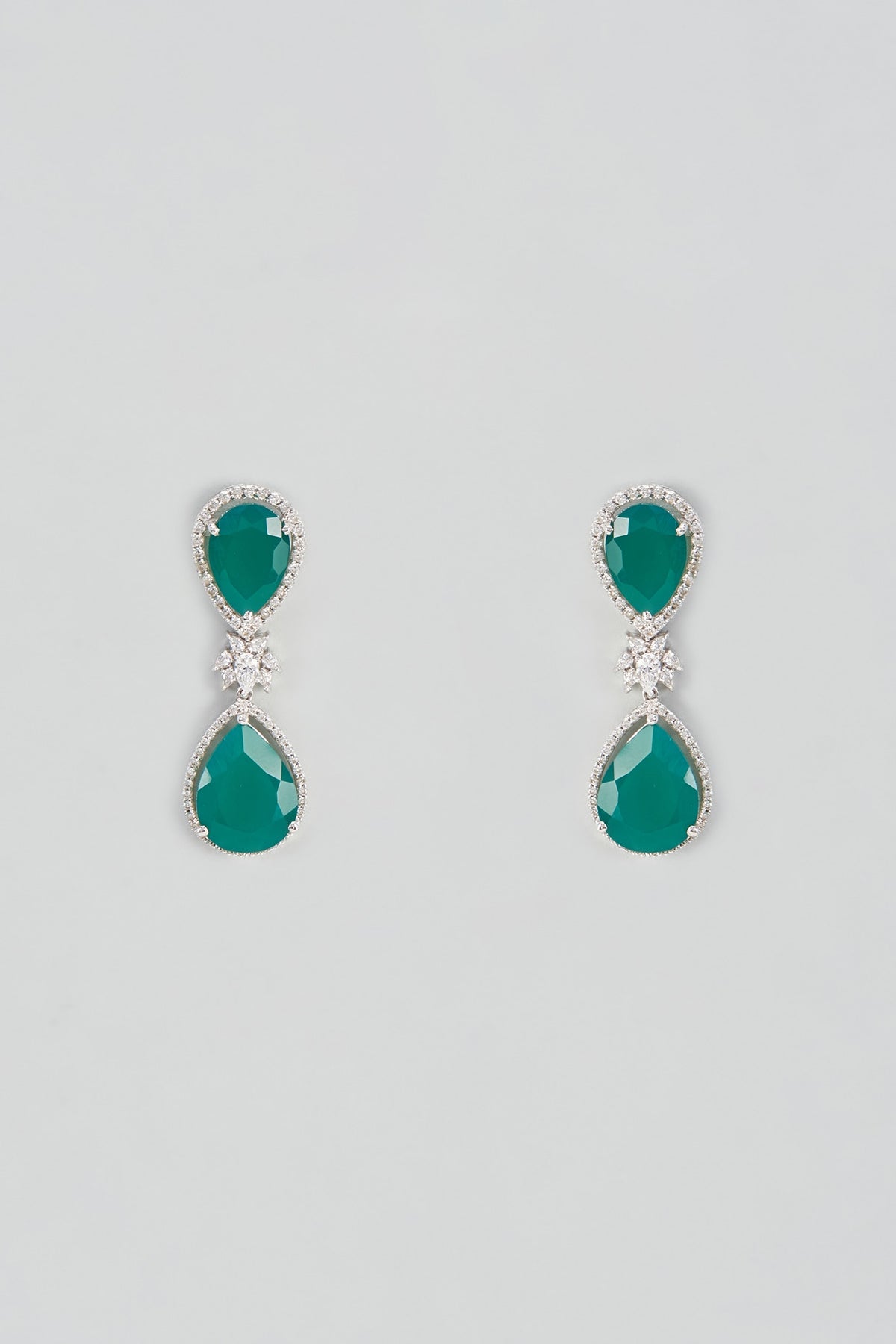 White Plated Cubic Zircon & Emerald Droplets Dangler Earrings In Sterling Silver