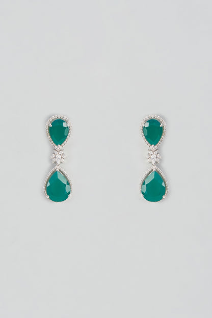 White Plated Cubic Zircon & Emerald Droplets Dangler Earrings In Sterling Silver