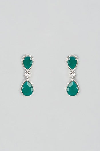 White Plated Cubic Zircon & Emerald Droplets Dangler Earrings In Sterling Silver