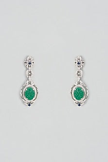 White Plated Cubic Zircon & Emerald Stone Stud Earrings In Sterling Silver