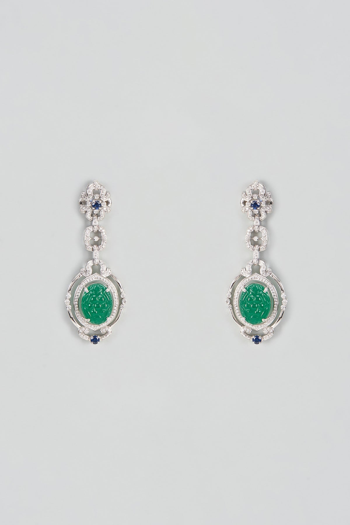 White Plated Cubic Zircon & Emerald Stone Stud Earrings In Sterling Silver