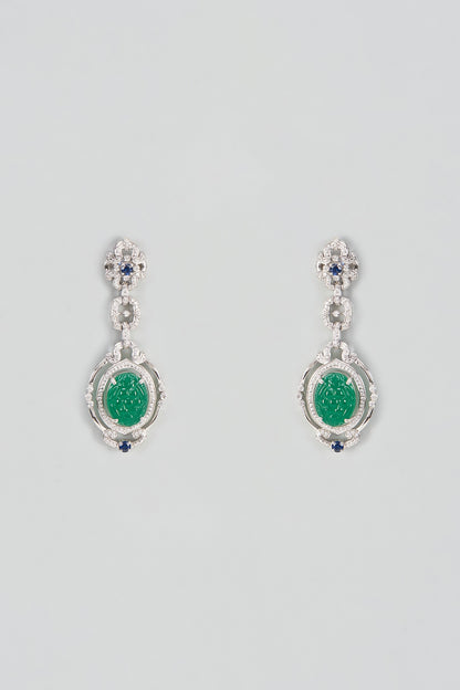White Plated Cubic Zircon & Emerald Stone Stud Earrings In Sterling Silver