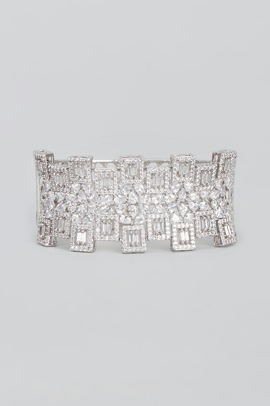 White Plated Cubic Zircon Cuff Bracelet In Sterling Silver