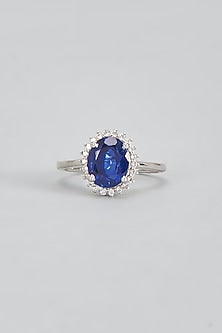 White Plated Cubic Zircon & Sapphire Stone Ring In Sterling Silver
