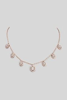 Rose Gold Plated Cubic Zircon & Baguettes Stone Necklace In Sterling Silver