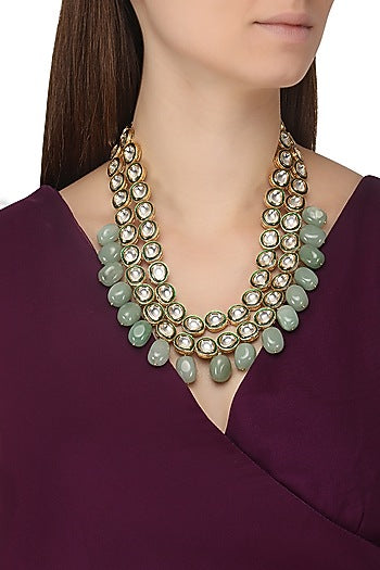 Gold Plated Kundan and Aqua Green Stones Necklace