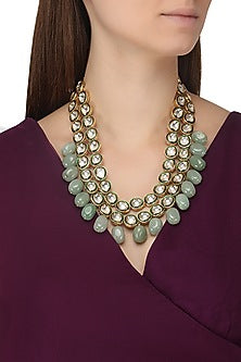 Gold Plated Kundan and Aqua Green Stones Necklace