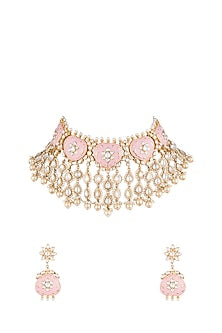 Gold Plated Rose Pink Pearls & Kundan Necklace set