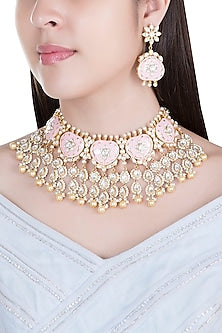 Gold Plated Rose Pink Pearls & Kundan Necklace set