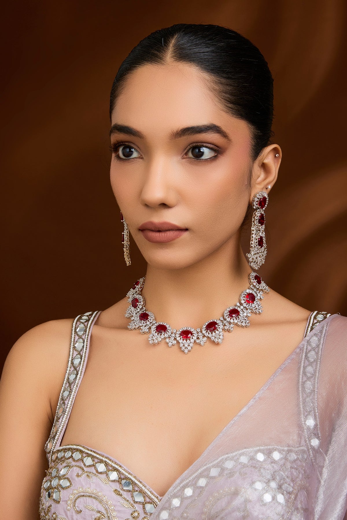 Silver Finish Zircon & Ruby Stone Long Necklace Set