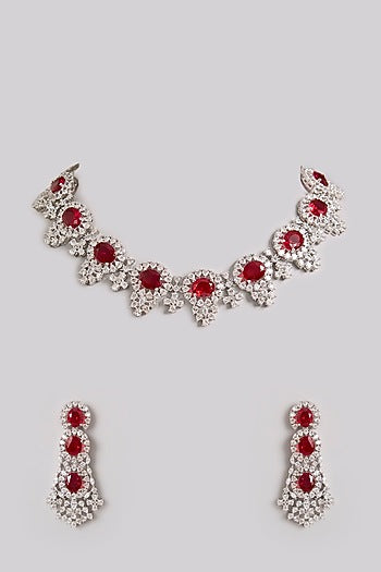 Silver Finish Zircon & Ruby Stone Long Necklace Set