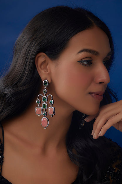 Black Rhodium Finish Zircon & Stone Dangler Earrings