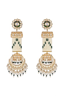 Gold Finish Green Bead & Kundan Long Earrings