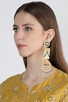 Gold Finish Green Bead & Kundan Long Earrings