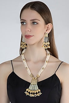 Gold Finish Kundan & Pearls Long Necklace Set