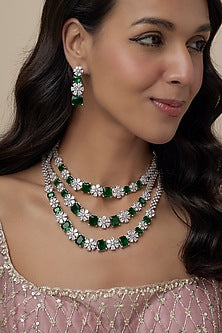 White Finish Zircon & Emerald Layered Necklace Set