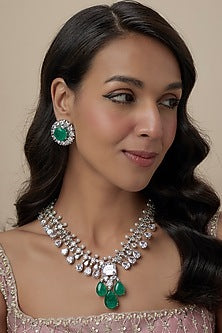 White Finish Emerald & Zircon Long Necklace Set