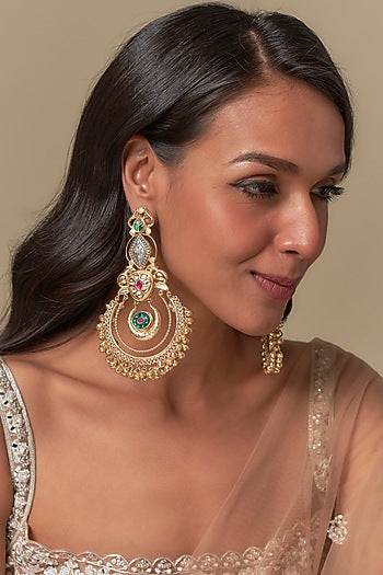 Gold Finish Emerald & Ruby Stone Dangler Earrings
