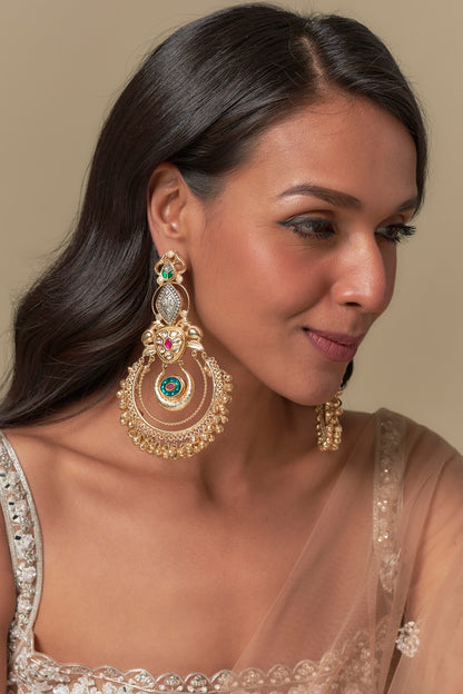 Gold Finish Emerald & Ruby Stone Dangler Earrings