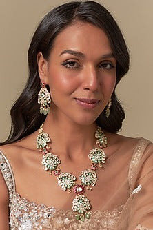 Gold Finish Ruby & Emerald Long Necklace Set