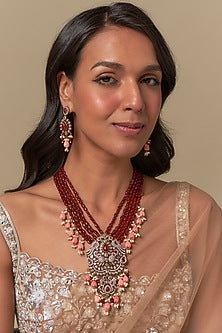 Gold Finish Ruby & Moissanite Long Necklace Set