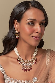 Gold Finish Ruby Stone & Moissanite Long Necklace Set
