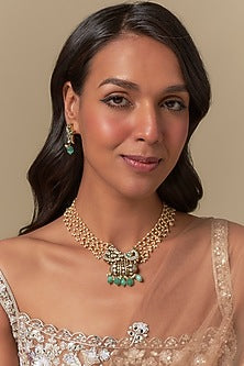 Gold Finish Moissanite & Pearl Beaded Long Necklace Set