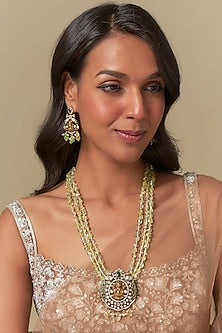 Gold Finish Moissanite & Green Beaded Long Necklace Set