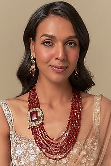 Gold Finish Moissanite & Red Beaded Long Layered Necklace Set