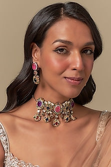 Gold Finish Ruby & Emerald Choker Necklace Set
