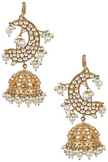 Gold plated stone and kundan moon jhumki earrings