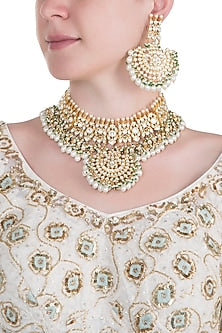 Gold plated pearl and kundan choker necklace set