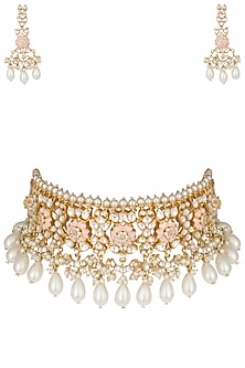 Gold plated rose pink pearl choker necklace set