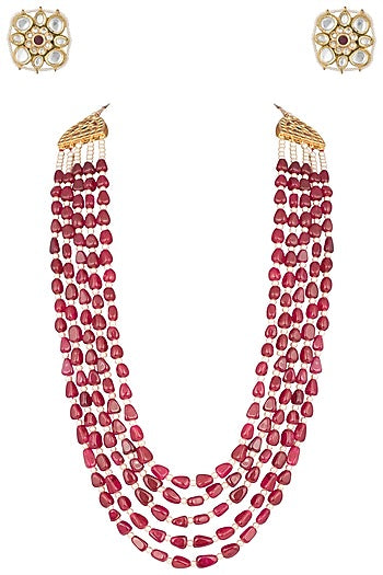 Gold plated 5 layered ruby and pearl necklace set