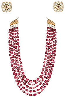 Gold plated 5 layered ruby and pearl necklace set